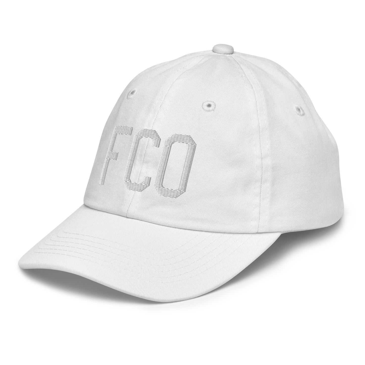 Airport Code Kid's Baseball Cap - White • FCO Rome • YHM Designs - Image 36