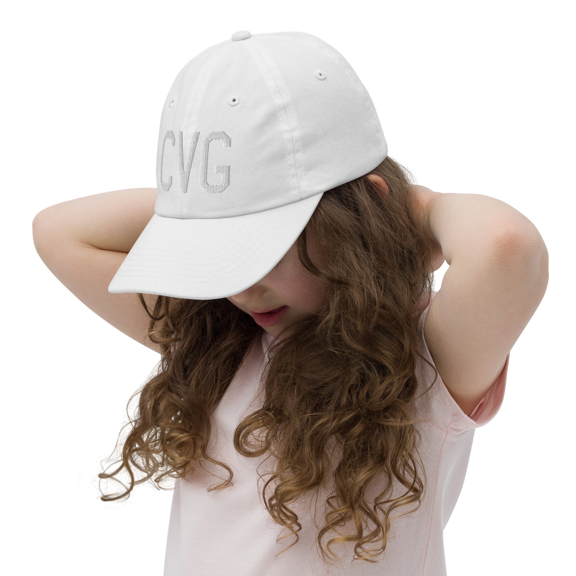 Airport Code Kid's Baseball Cap - White • CVG Cincinnati • YHM Designs - Image 10