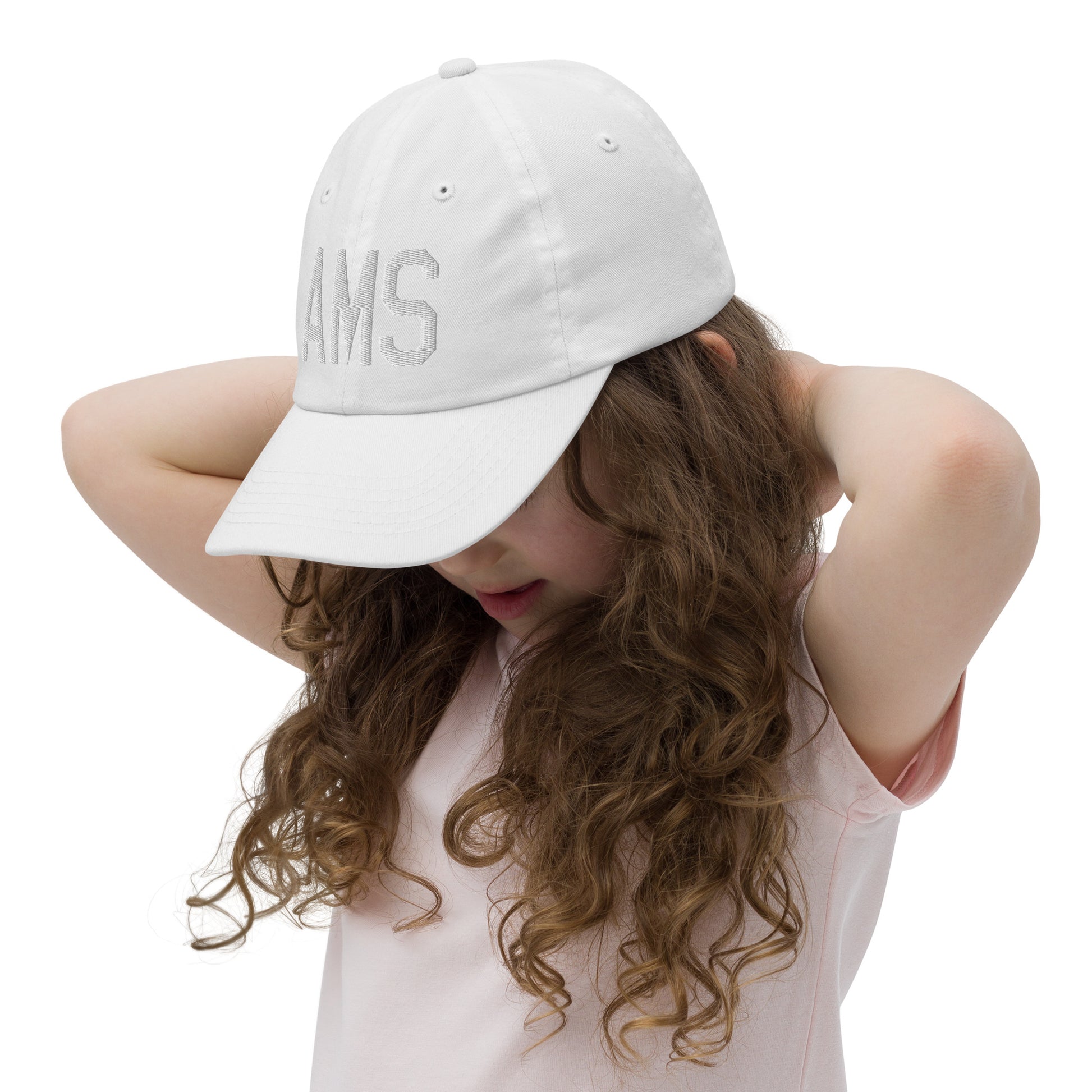 Airport Code Kid's Baseball Cap - White • AMS Amsterdam • YHM Designs - Image 10