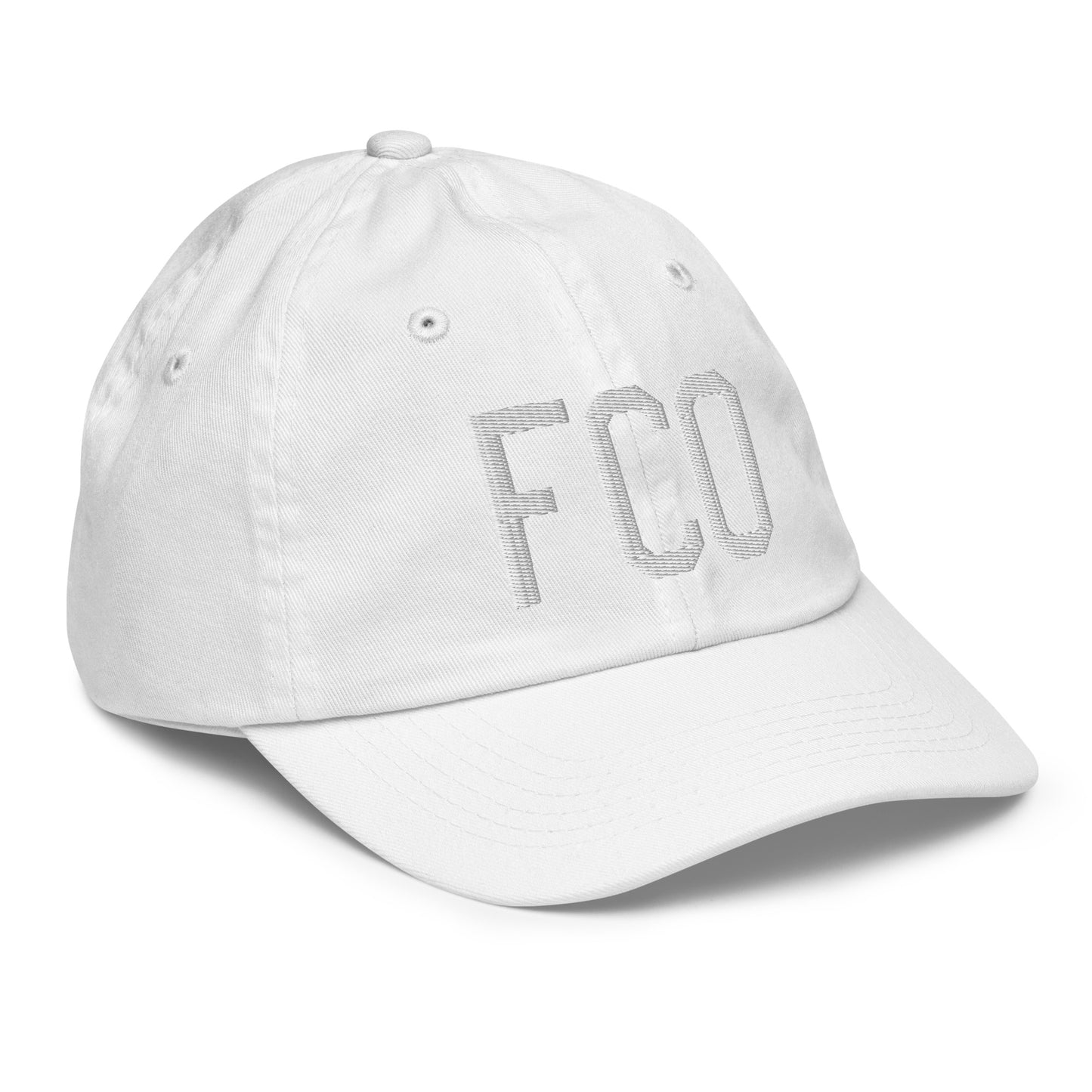 Airport Code Kid's Baseball Cap - White • FCO Rome • YHM Designs - Image 35