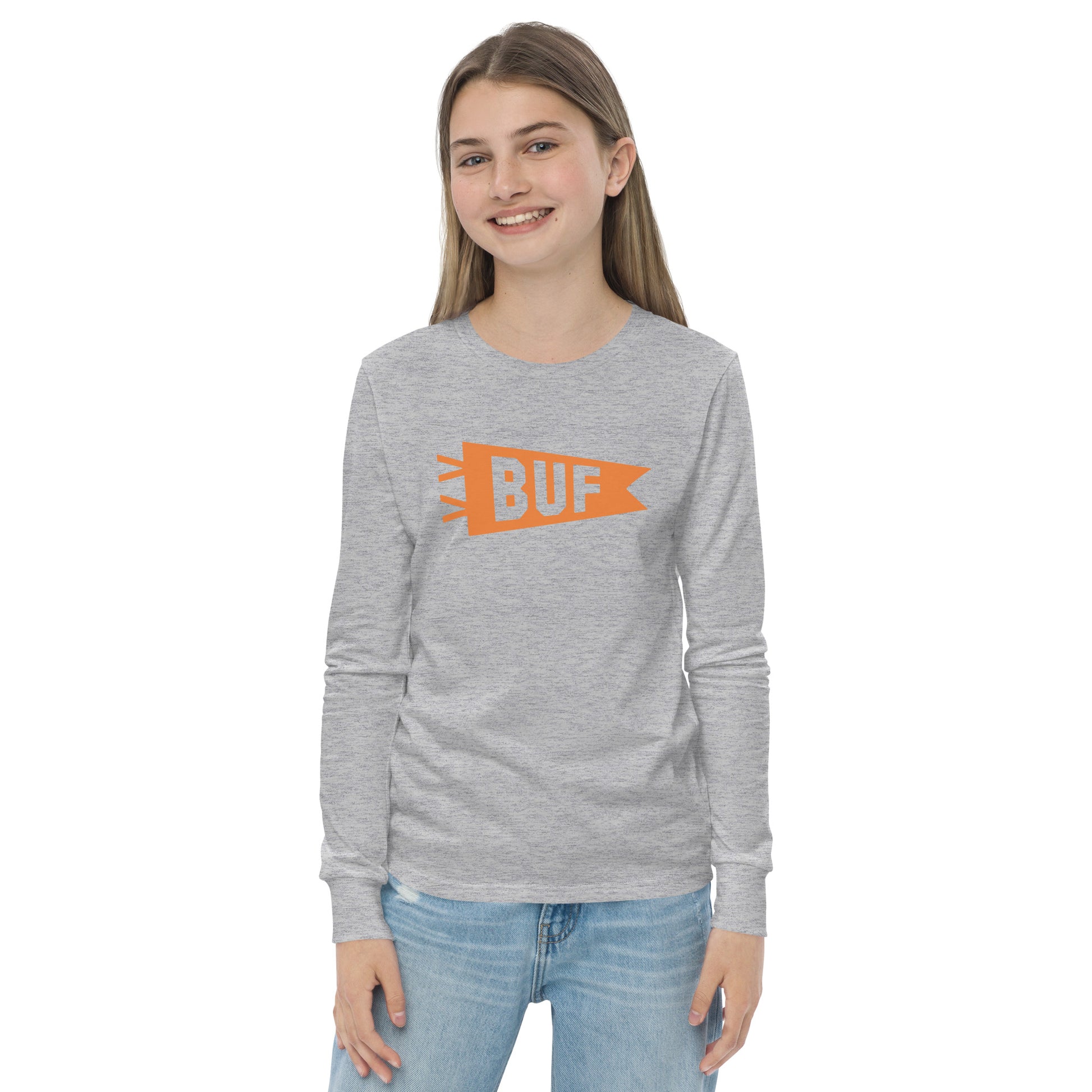 Kid's Airport Code Long-Sleeve Tee - Orange Graphic • BUF Buffalo • YHM Designs - Image 08
