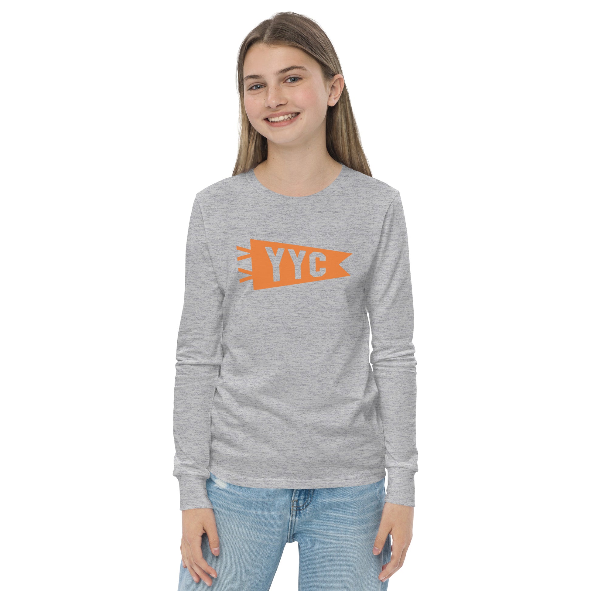 Kid's Airport Code Long-Sleeve Tee - Orange Graphic • YYC Calgary • YHM Designs - Image 08