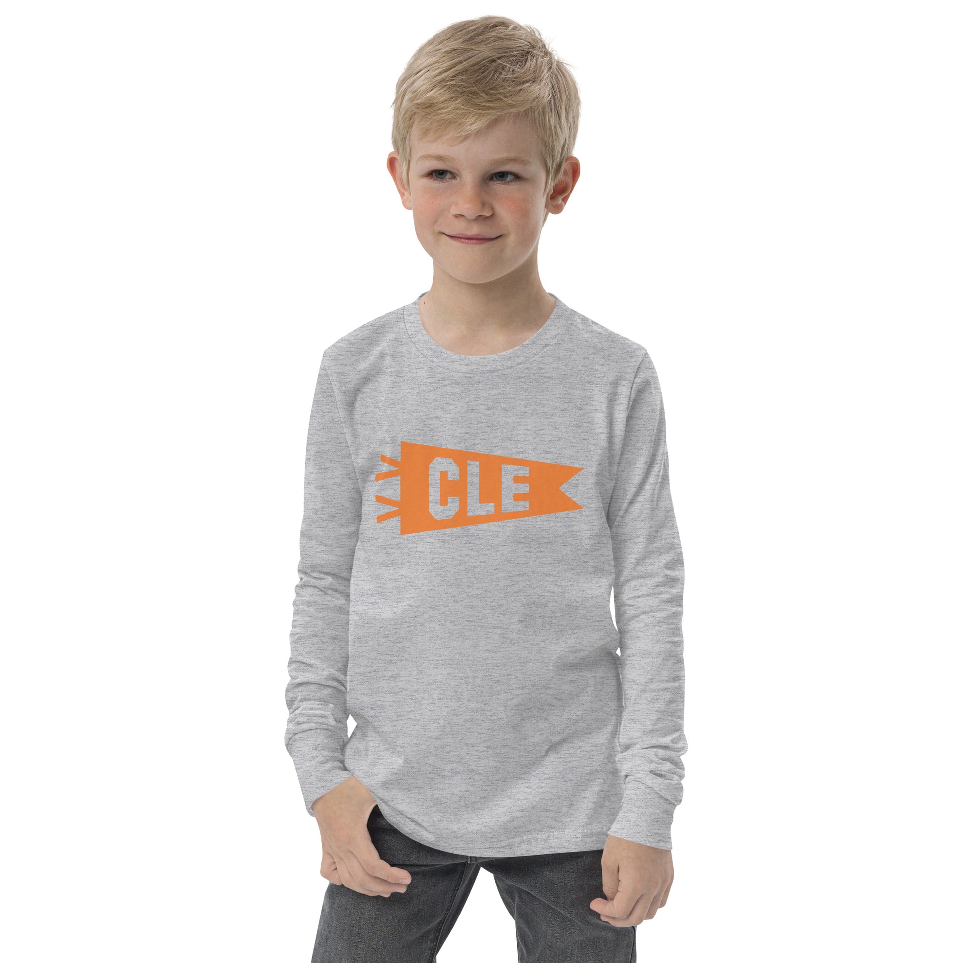 CLE Cleveland Kid's Long-Sleeve T-Shirt • Banner Design in Orange • YHM Designs - Image 09