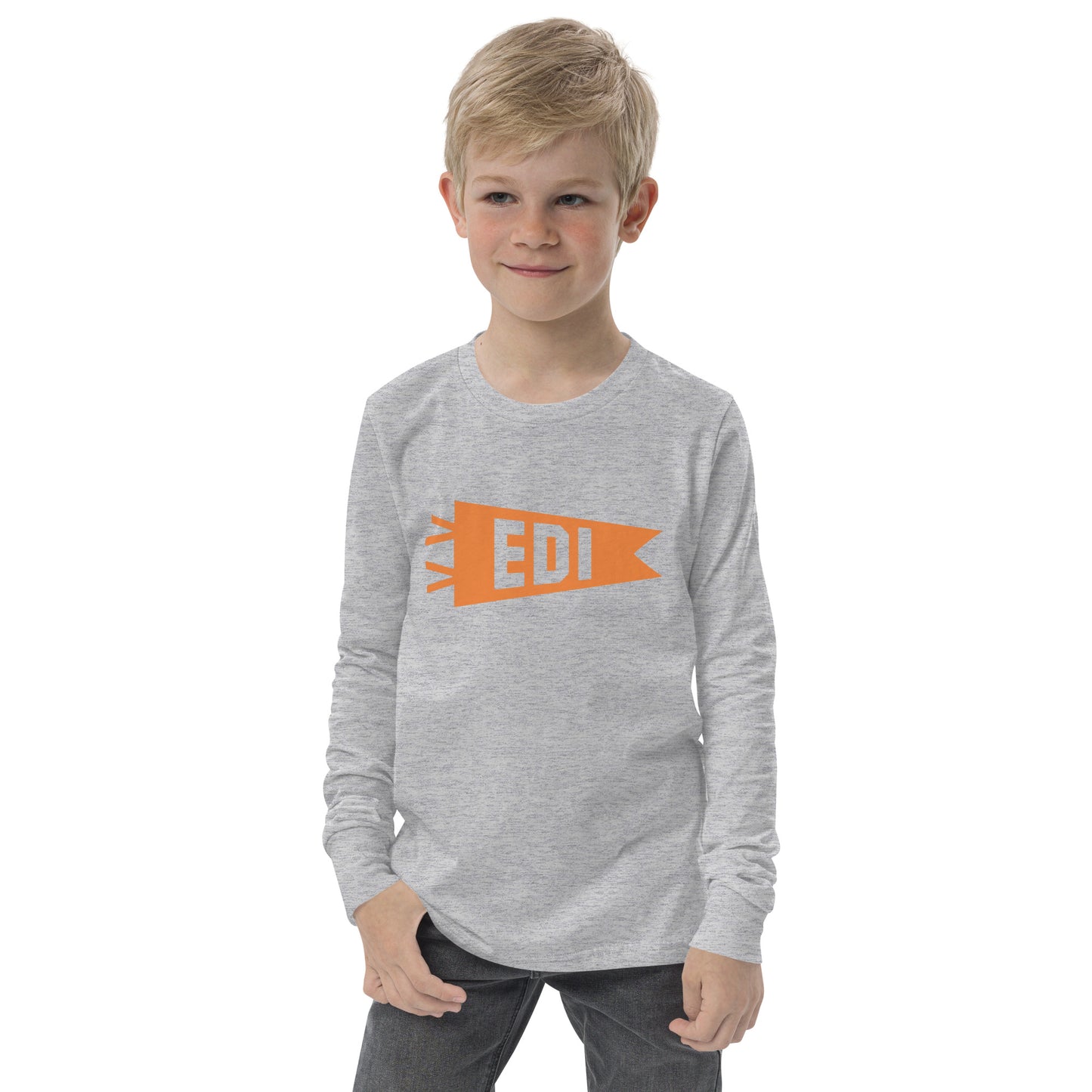 Kid's Airport Code Long-Sleeve Tee - Orange Graphic • EDI Edinburgh • YHM Designs - Image 09