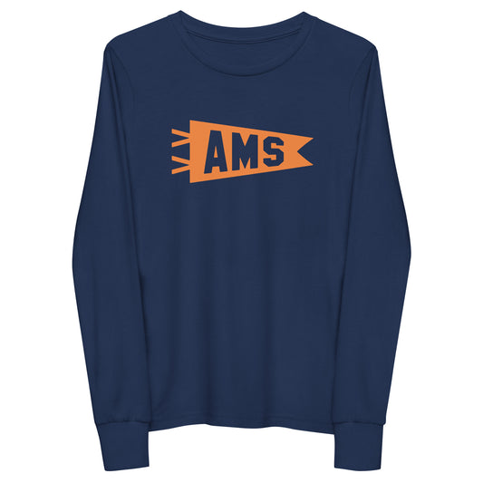 Kid's Airport Code Long-Sleeve Tee - Orange Graphic • AMS Amsterdam • YHM Designs - Image 01