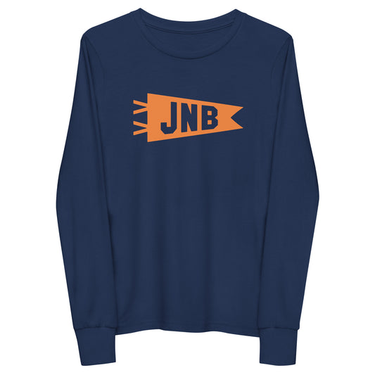 Kid's Airport Code Long-Sleeve Tee - Orange Graphic • JNB Johannesburg • YHM Designs - Image 01