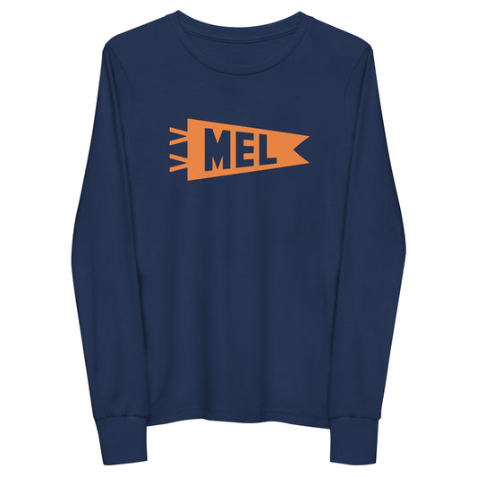 Kid's Airport Code Long-Sleeve Tee - Orange Graphic • MEL Melbourne • YHM Designs - Image 01