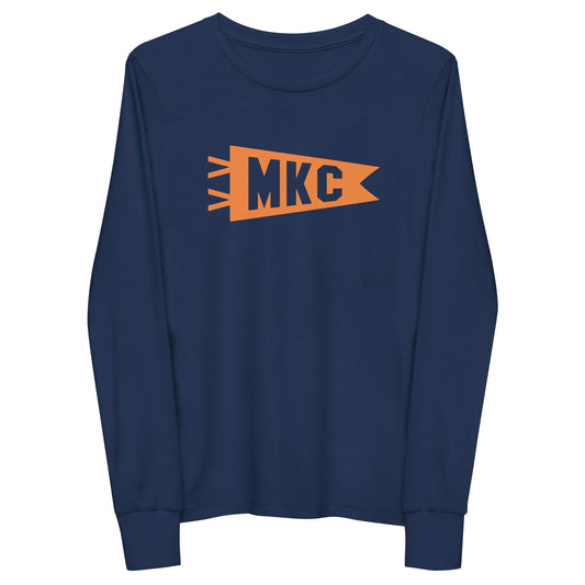Kid's Airport Code Long-Sleeve Tee - Orange Graphic • MKC Kansas City • YHM Designs - Image 01