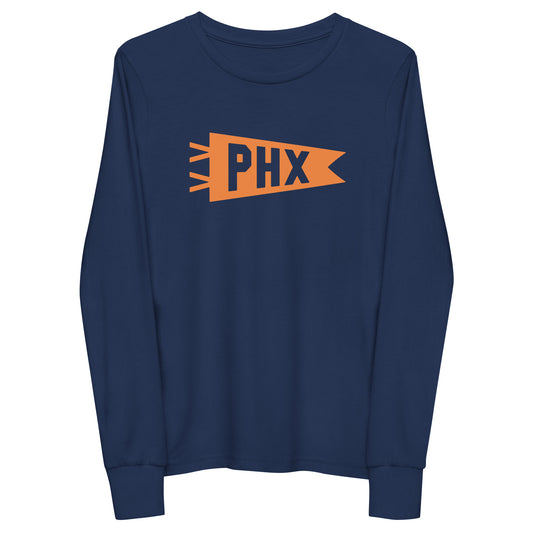 Kid's Airport Code Long-Sleeve Tee - Orange Graphic • PHX Phoenix • YHM Designs - Image 01