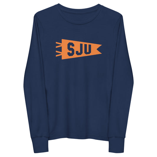 Kid's Airport Code Long-Sleeve Tee - Orange Graphic • SJU San Juan • YHM Designs - Image 01