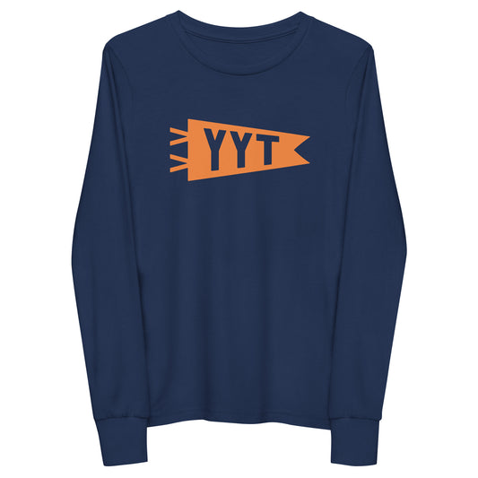 Kid's Airport Code Long-Sleeve Tee - Orange Graphic • YYT St. John's • YHM Designs - Image 01
