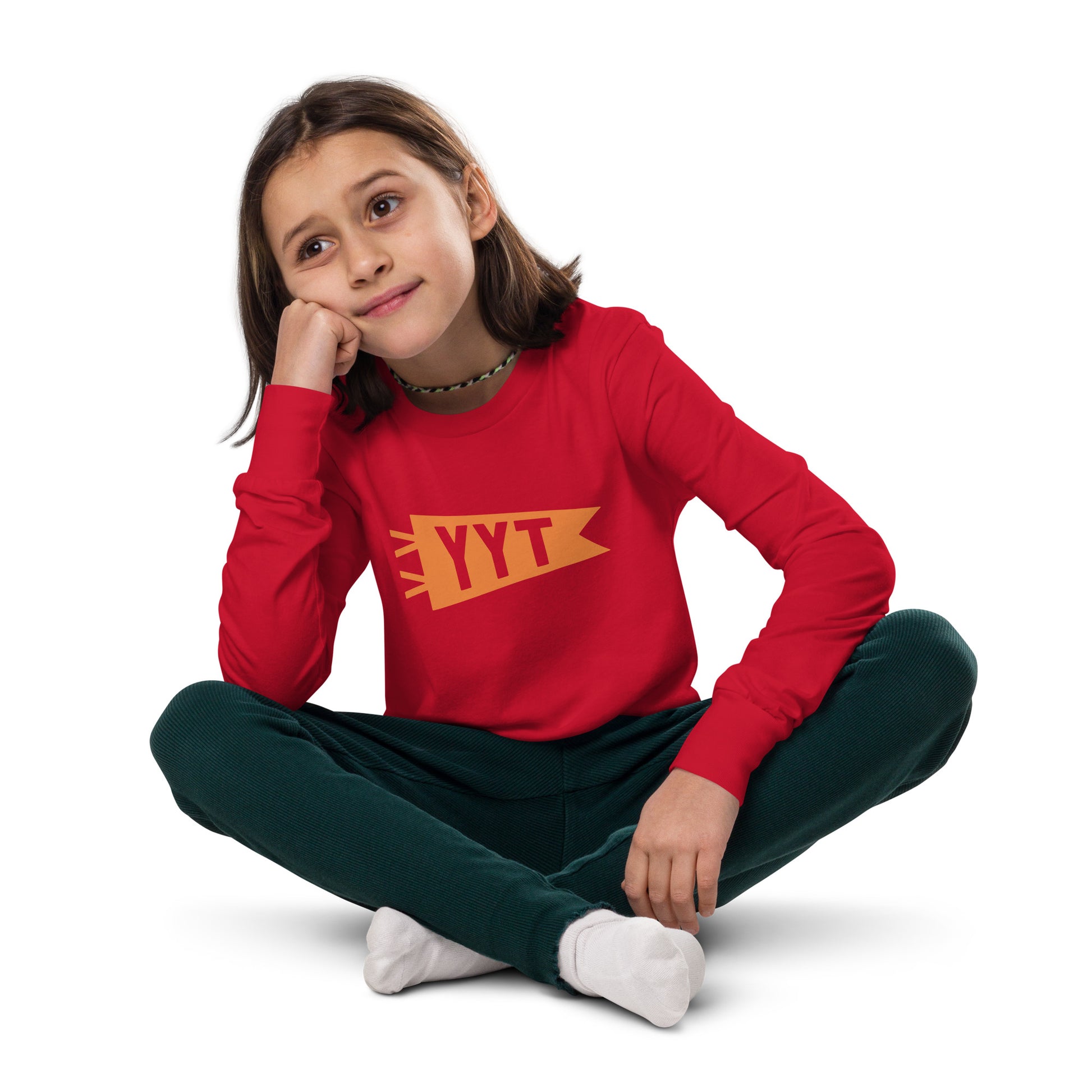 Kid's Airport Code Long-Sleeve Tee - Orange Graphic • YYT St. John's • YHM Designs - Image 04