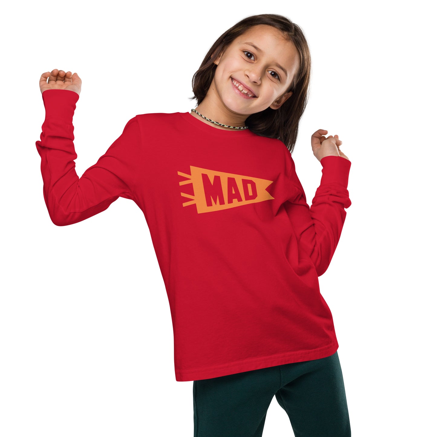 Kid's Airport Code Long-Sleeve Tee - Orange Graphic • MAD Madrid • YHM Designs - Image 05