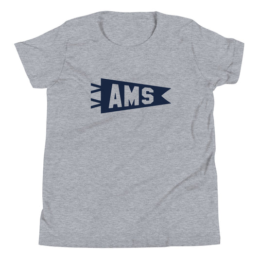 Kid's Airport Code Tee - Navy Blue Graphic • AMS Amsterdam • YHM Designs - Image 01