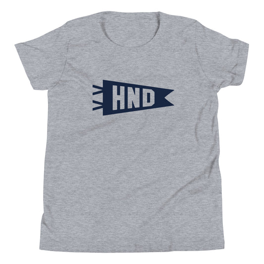 Kid's Airport Code Tee - Navy Blue Graphic • HND Tokyo • YHM Designs - Image 01