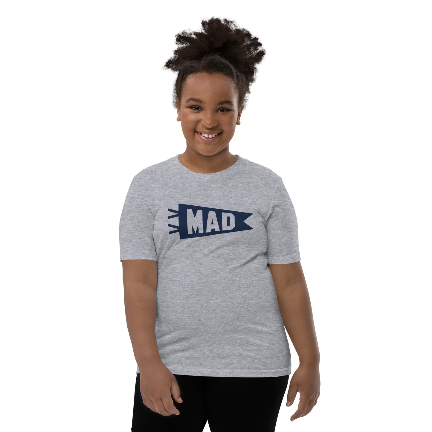 Kid's Airport Code Tee - Navy Blue Graphic • MAD Madrid • YHM Designs - Image 05