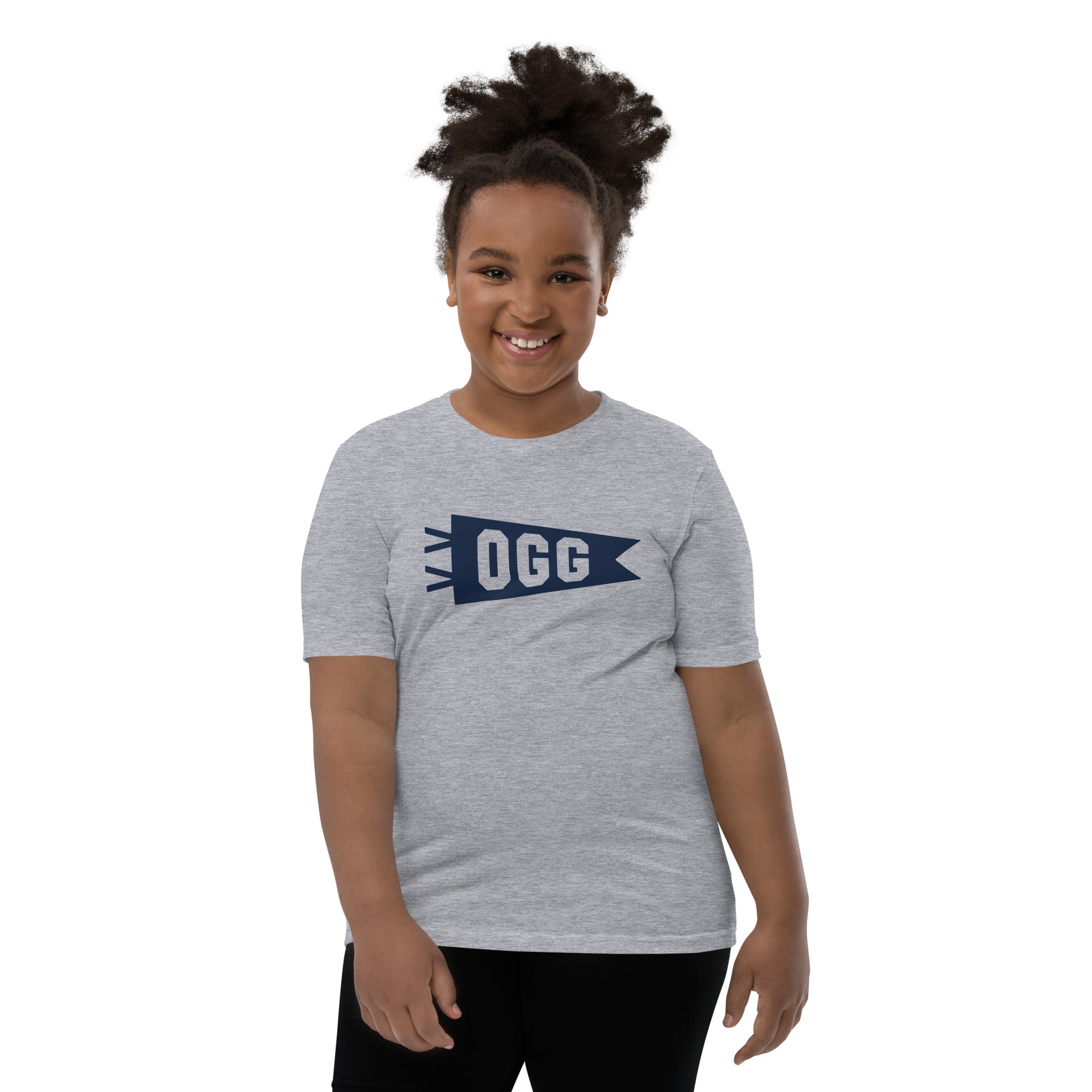 Kid's Airport Code Tee - Navy Blue Graphic • OGG Maui • YHM Designs - Image 05