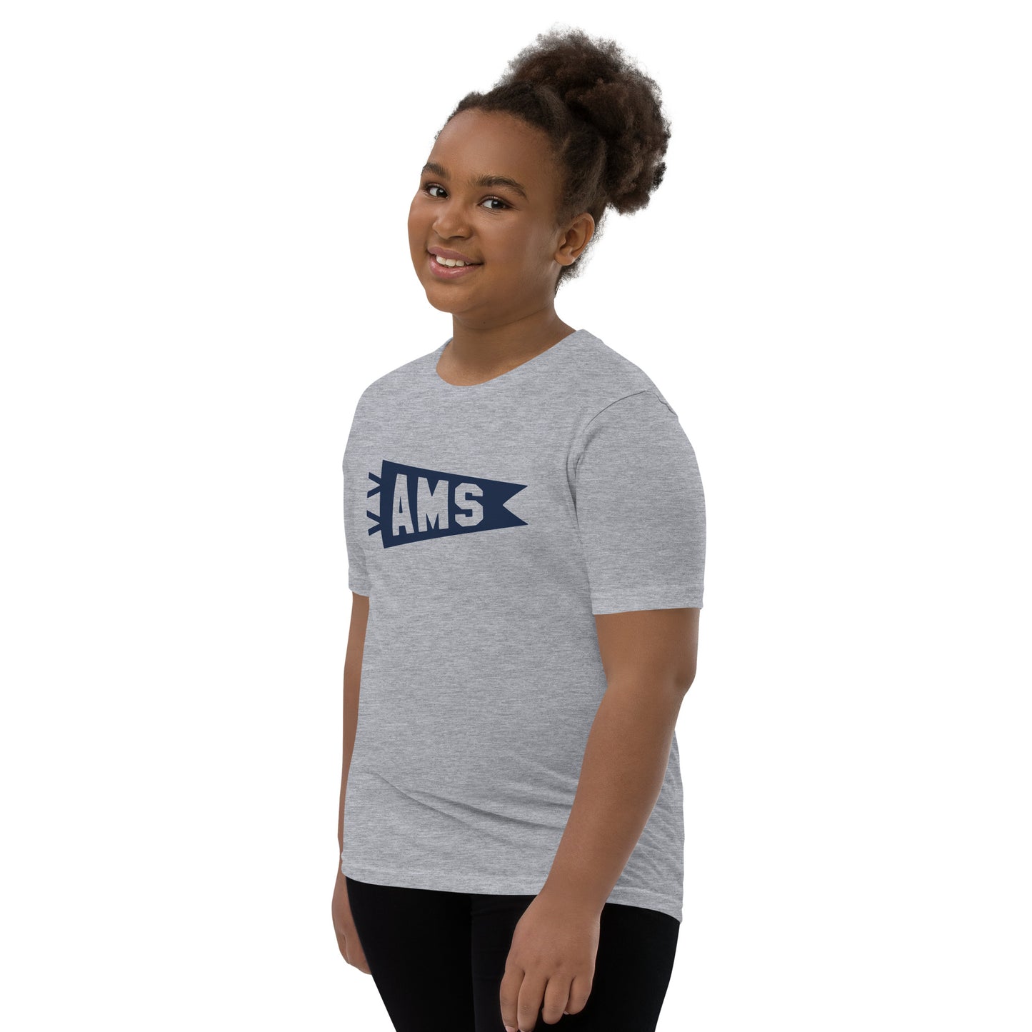 Kid's Airport Code Tee - Navy Blue Graphic • AMS Amsterdam • YHM Designs - Image 04