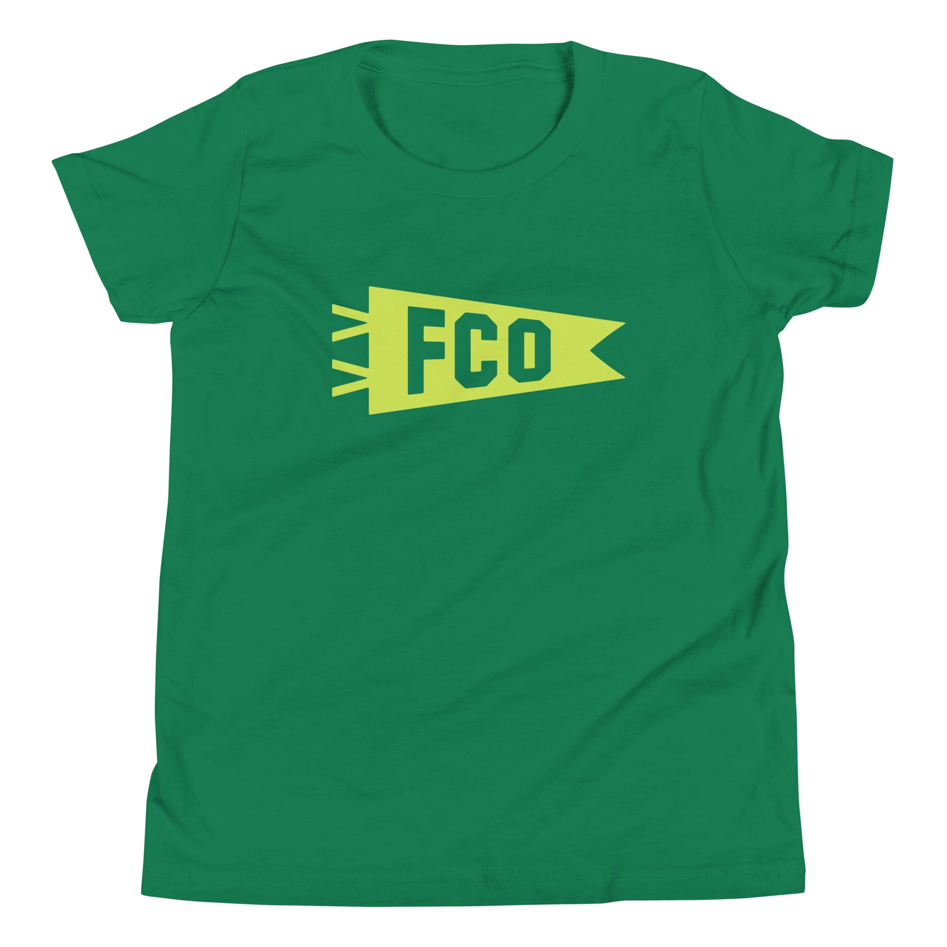 Kid's Airport Code Tee - Green Graphic • FCO Rome • YHM Designs - Image 02