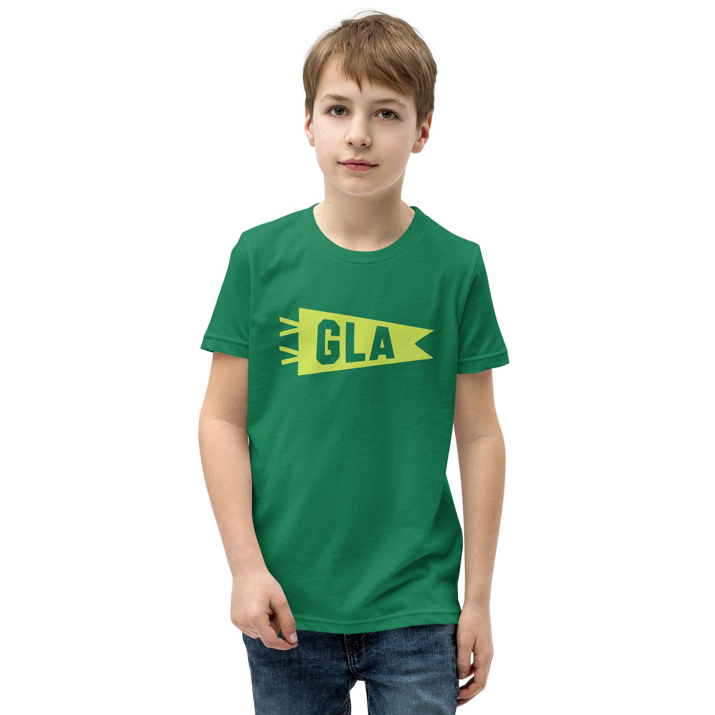 Kid's Airport Code Tee - Green Graphic • GLA Glasgow • YHM Designs - Image 08
