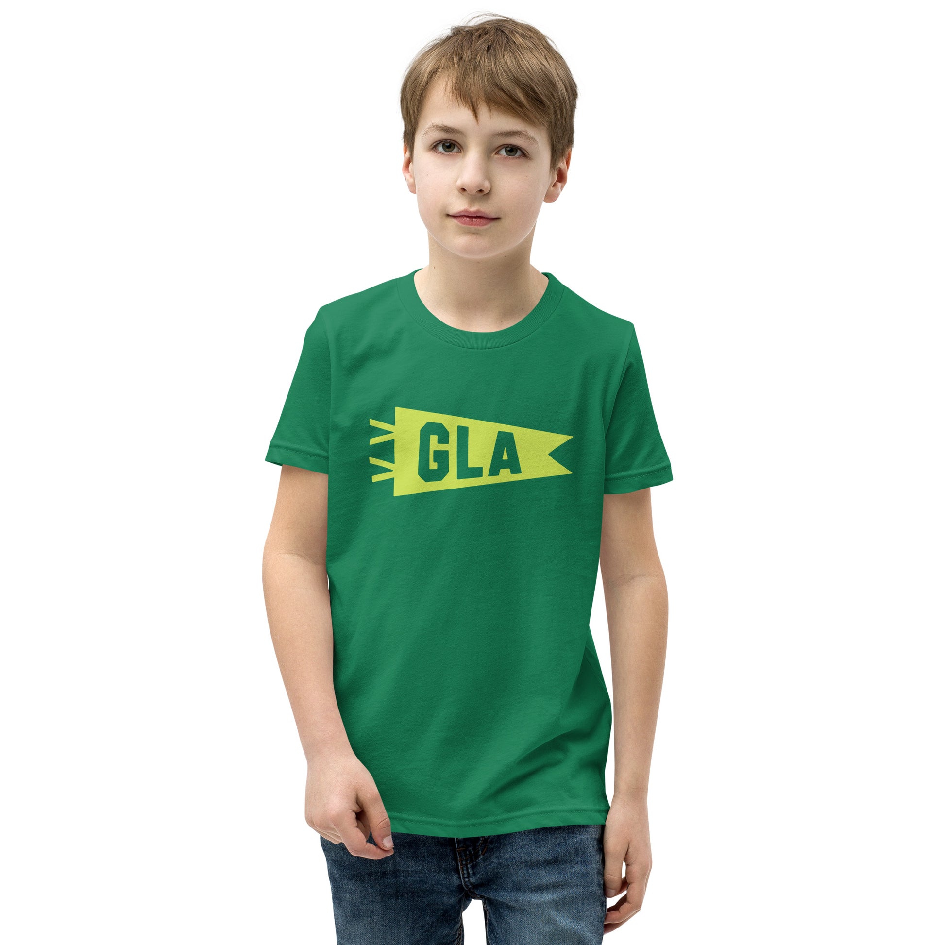 Kid's Airport Code Tee - Green Graphic • GLA Glasgow • YHM Designs - Image 08