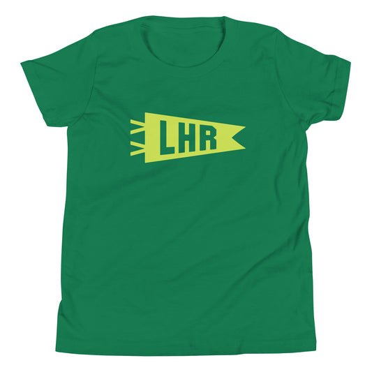 Kid's Airport Code Tee - Green Graphic • LHR London • YHM Designs - Image 02