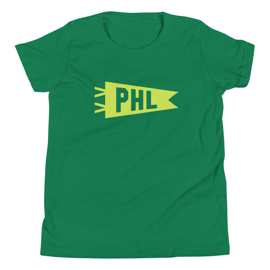 Kid's Airport Code Tee - Green Graphic • PHL Philadelphia • YHM Designs - Image 02