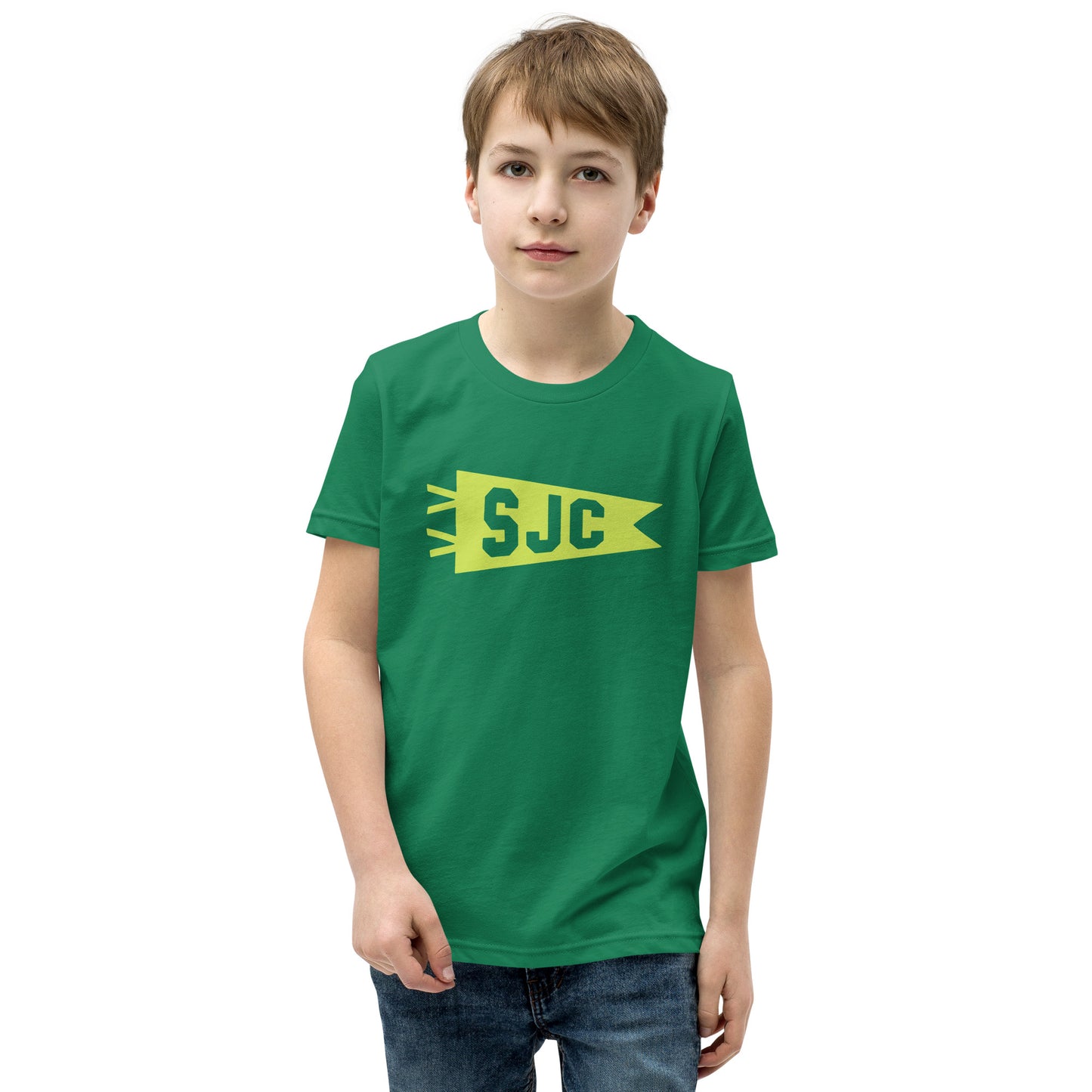 SJC San Jose Kid's T-Shirt • Banner Design in Green • YHM Designs - Image 08