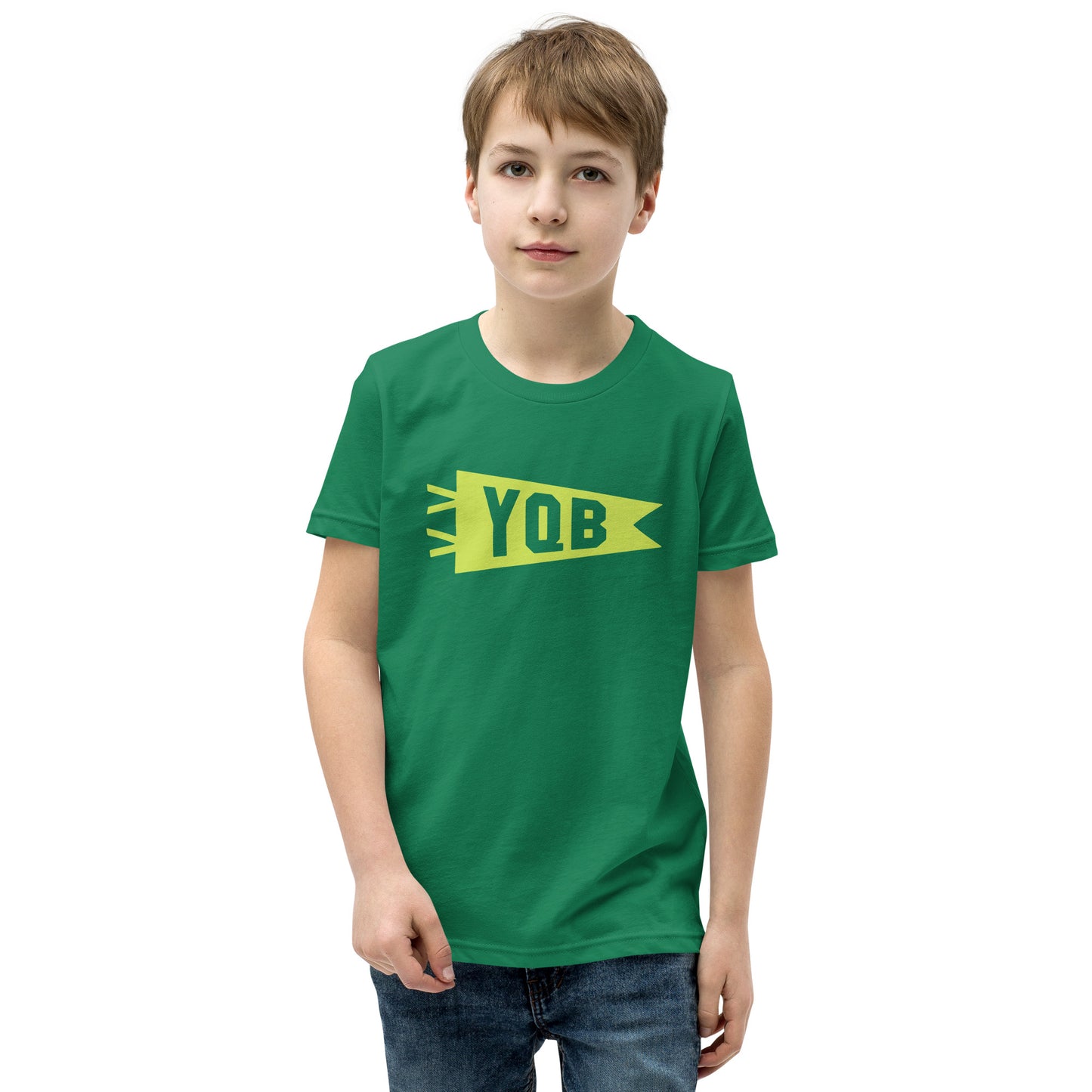 Kid's Airport Code Tee - Green Graphic • YQB Quebec City • YHM Designs - Image 08