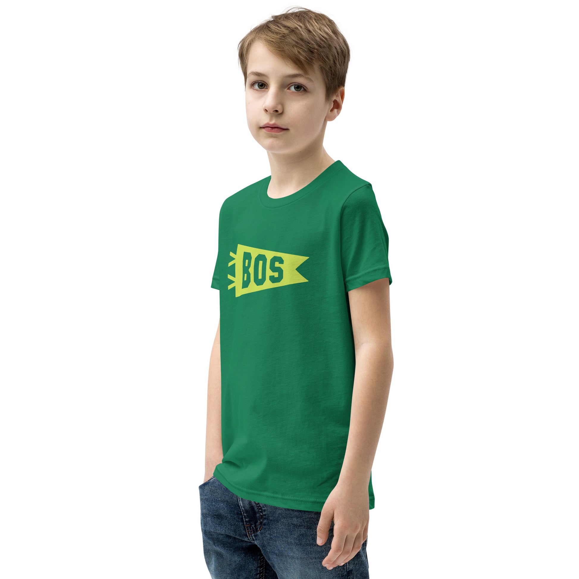 Kid's Airport Code Tee - Green Graphic • BOS Boston • YHM Designs - Image 06