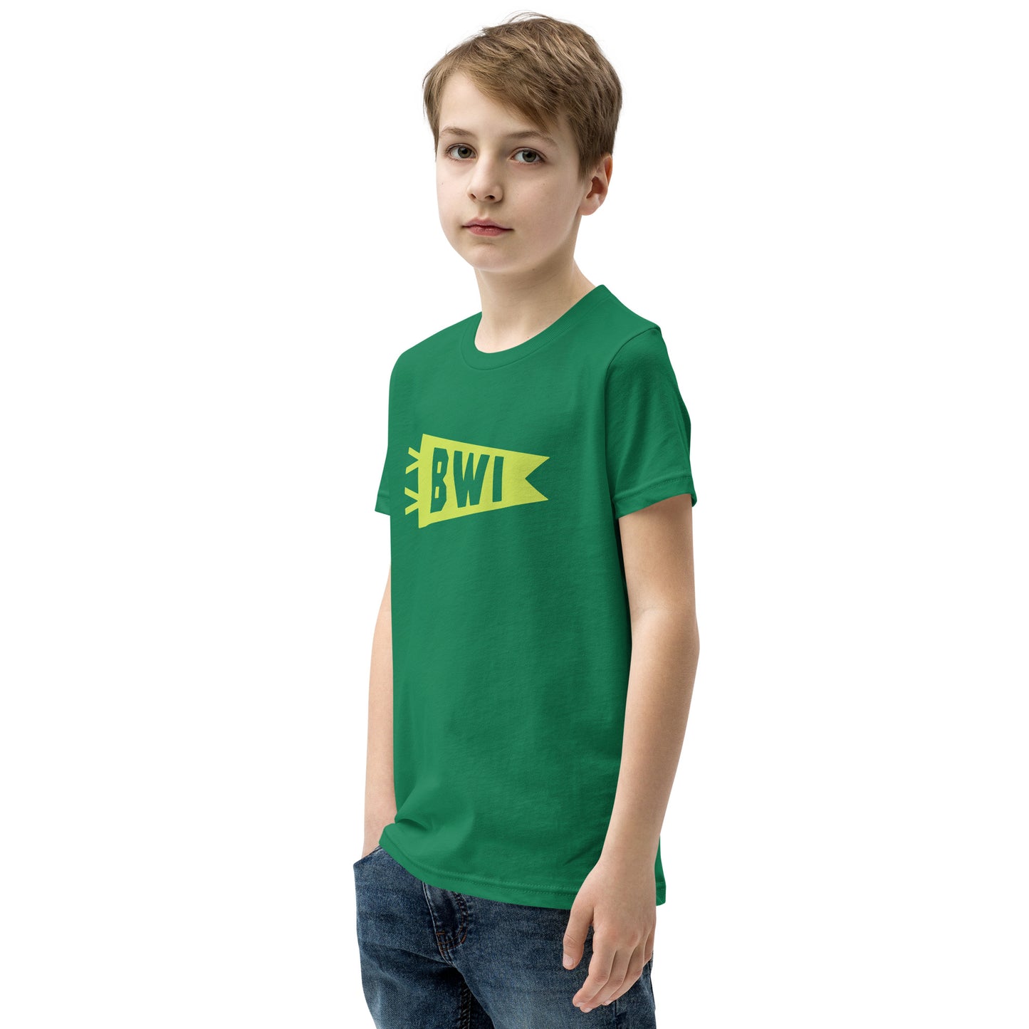 Kid's Airport Code Tee - Green Graphic • BWI Baltimore • YHM Designs - Image 06