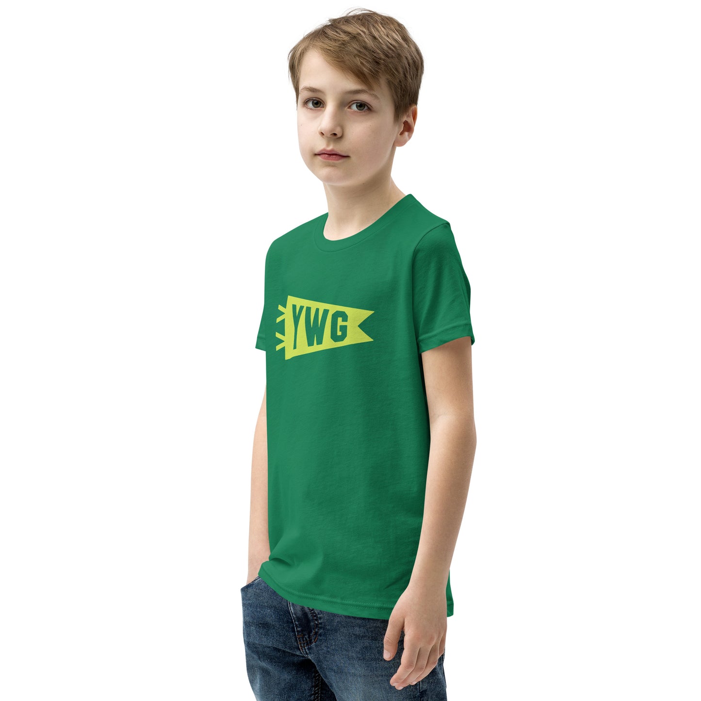 Kid's Airport Code Tee - Green Graphic • YWG Winnipeg • YHM Designs - Image 06