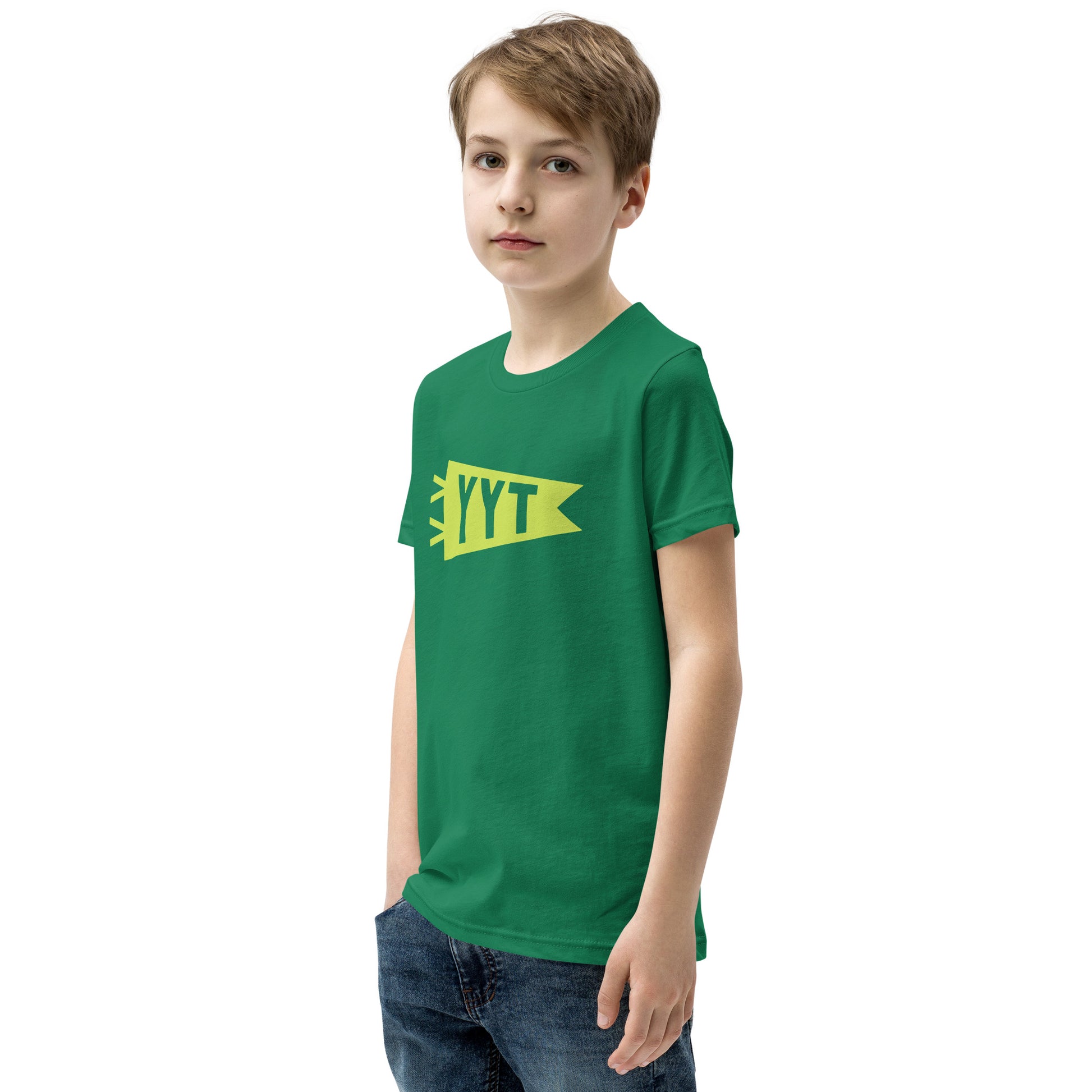 Kid's Airport Code Tee - Green Graphic • YYT St. John's • YHM Designs - Image 06