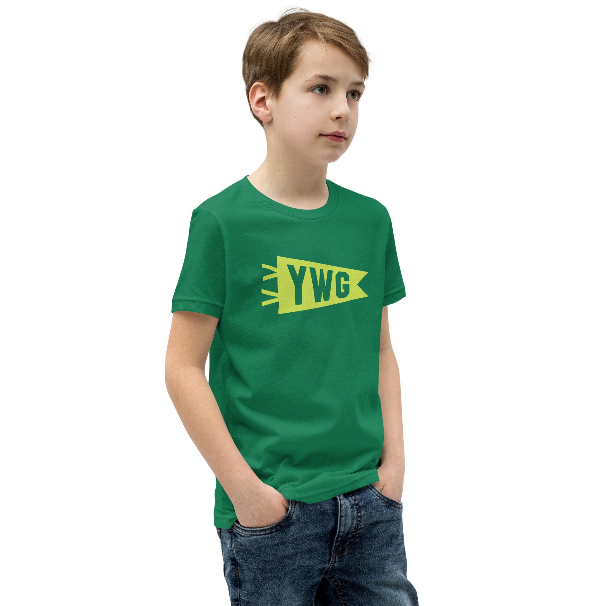 Kid's Airport Code Tee - Green Graphic • YWG Winnipeg • YHM Designs - Image 07