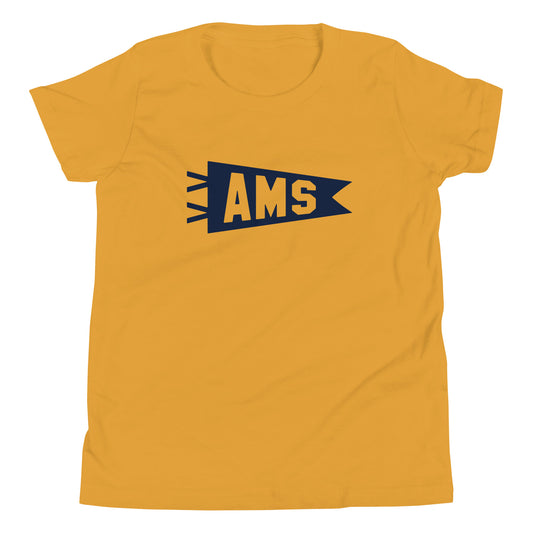 Kid's Airport Code Tee - Navy Blue Graphic • AMS Amsterdam • YHM Designs - Image 02