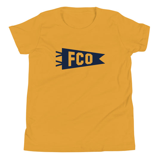 Kid's Airport Code Tee - Navy Blue Graphic • FCO Rome • YHM Designs - Image 02