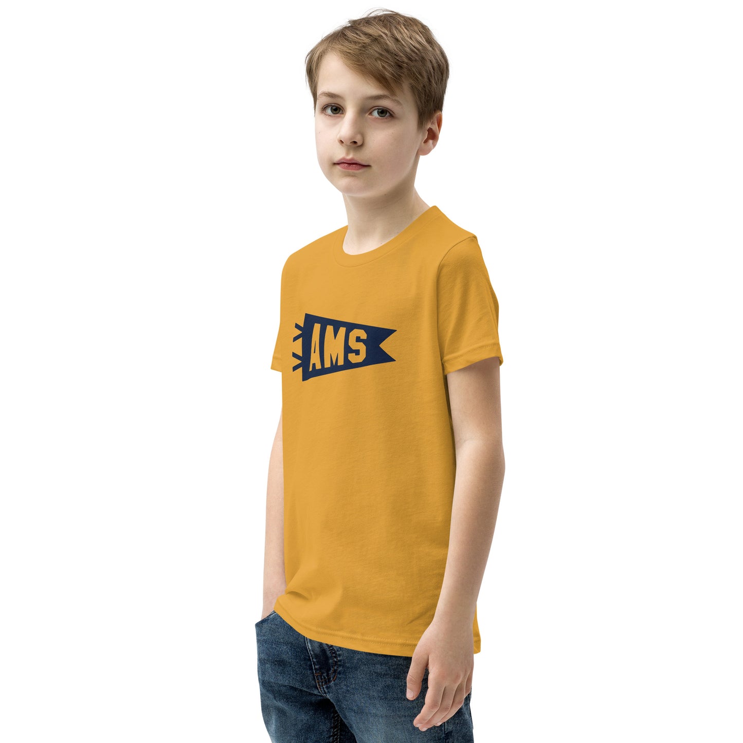 Kid's Airport Code Tee - Navy Blue Graphic • AMS Amsterdam • YHM Designs - Image 06