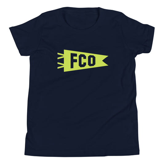 Kid's Airport Code Tee - Green Graphic • FCO Rome • YHM Designs - Image 01