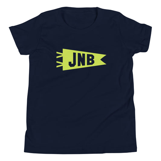 Kid's Airport Code Tee - Green Graphic • JNB Johannesburg • YHM Designs - Image 01