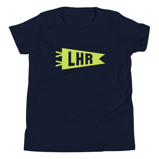 Kid's Airport Code Tee - Green Graphic • LHR London • YHM Designs - Image 01