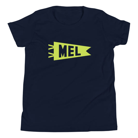 Kid's Airport Code Tee - Green Graphic • MEL Melbourne • YHM Designs - Image 01