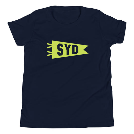 Kid's Airport Code Tee - Green Graphic • SYD Sydney • YHM Designs - Image 01