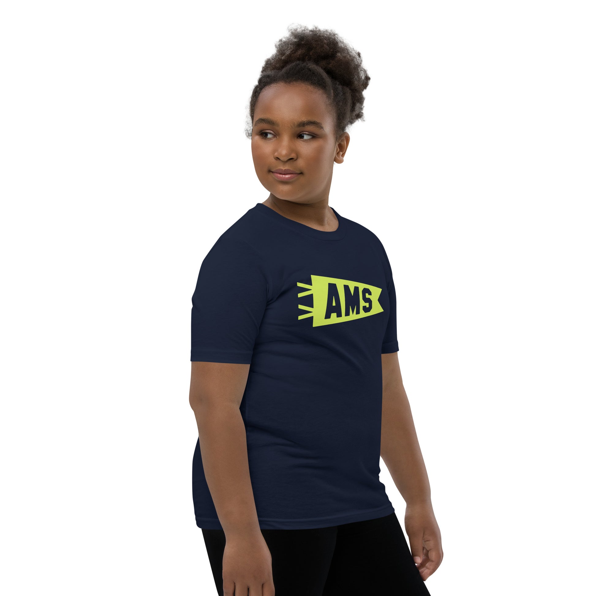 Kid's Airport Code Tee - Green Graphic • AMS Amsterdam • YHM Designs - Image 03