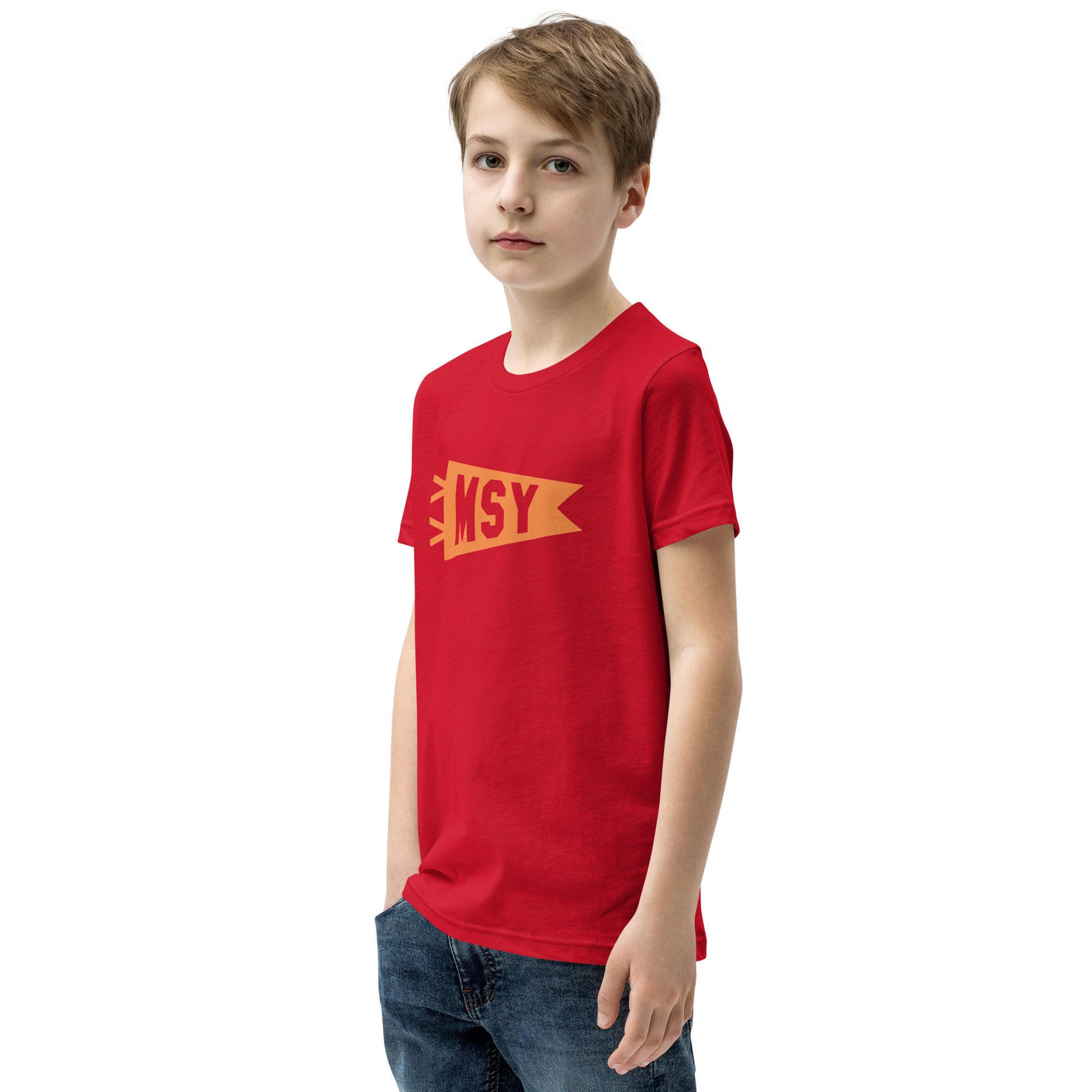 Kid's Airport Code Tee - Orange Graphic • MSY New Orleans • YHM Designs - Image 06
