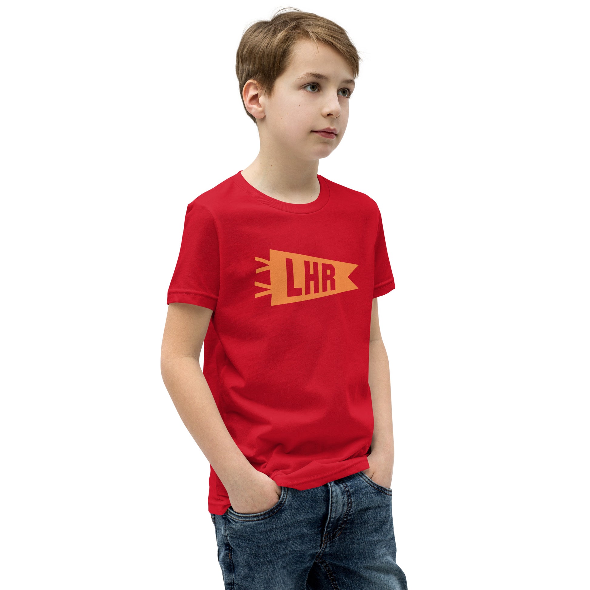 LHR London Kid's T-Shirt • Banner Design in Orange • YHM Designs - Image 07