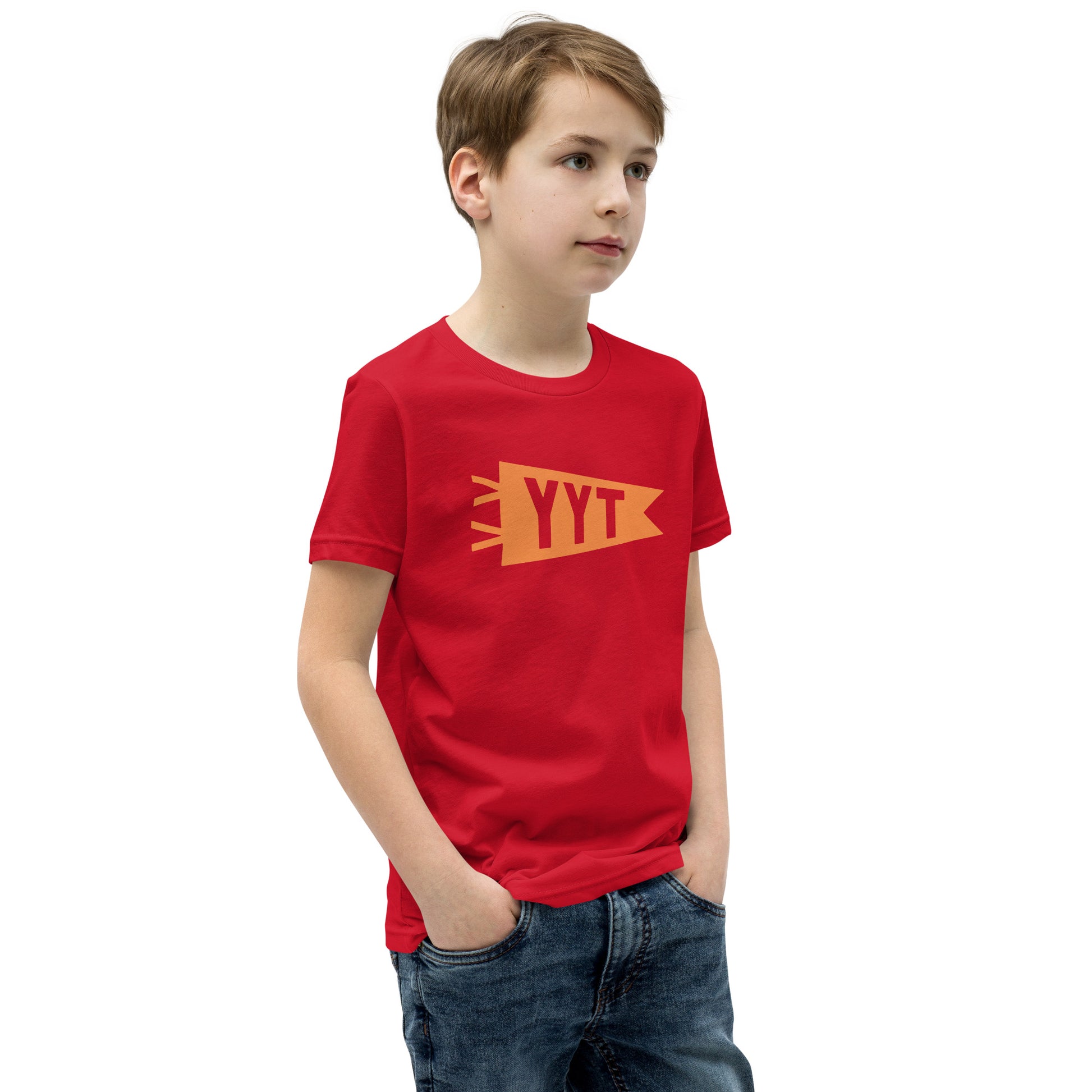 Kid's Airport Code Tee - Orange Graphic • YYT St. John's • YHM Designs - Image 07