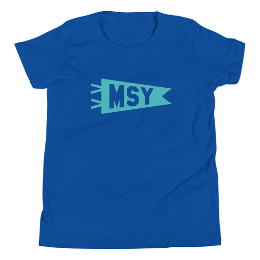 Kid's Airport Code Tee - Viking Blue Graphic • MSY New Orleans • YHM Designs - Image 02