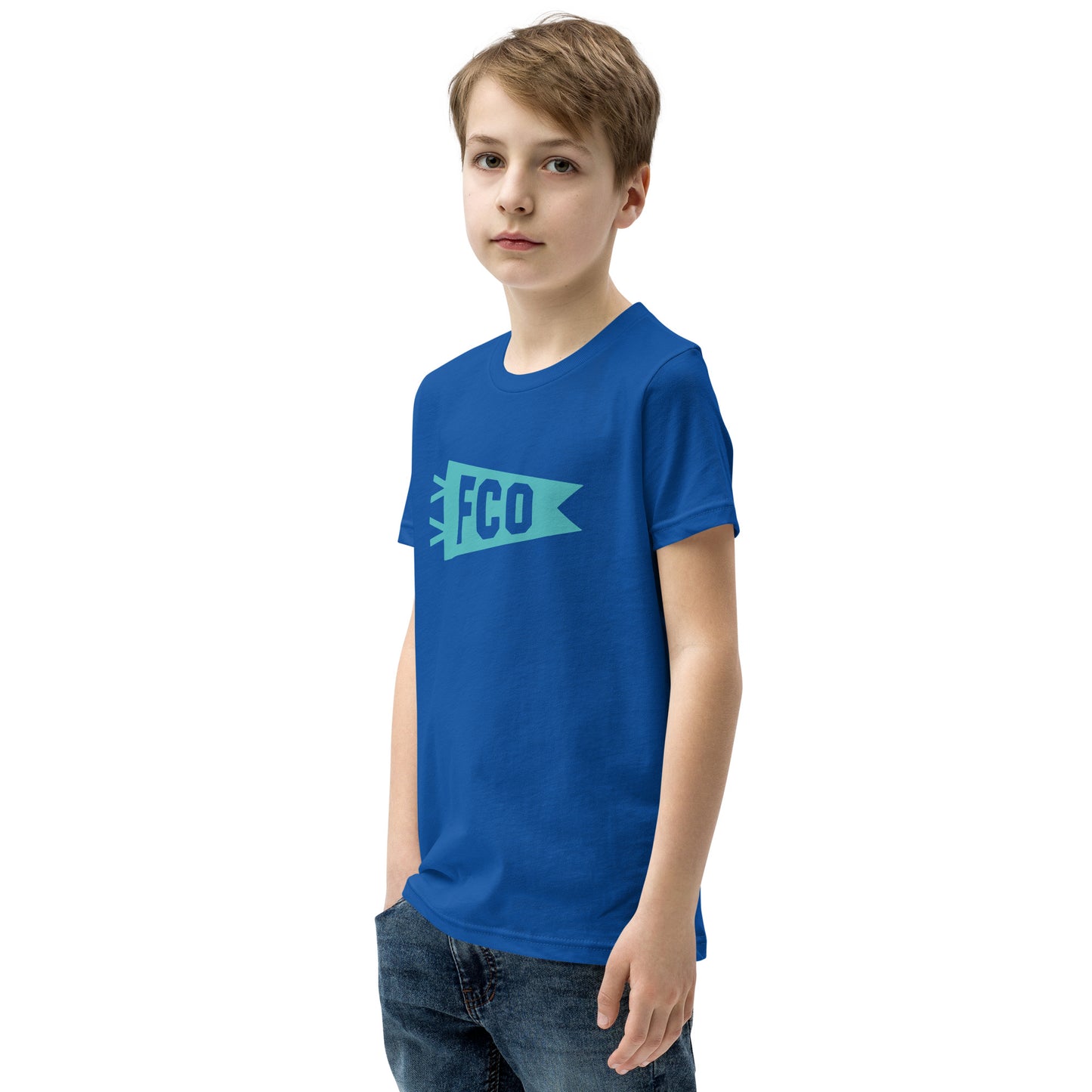 Kid's Airport Code Tee - Viking Blue Graphic • FCO Rome • YHM Designs - Image 06
