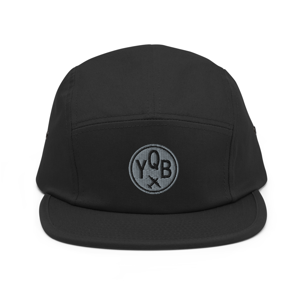 YHM Designs - YQB Quebec City 5-Panel Camper Hat with Airport Code - Travel Gifts for Him and Her - Roundel Design with Vintage Airplane - Black 02