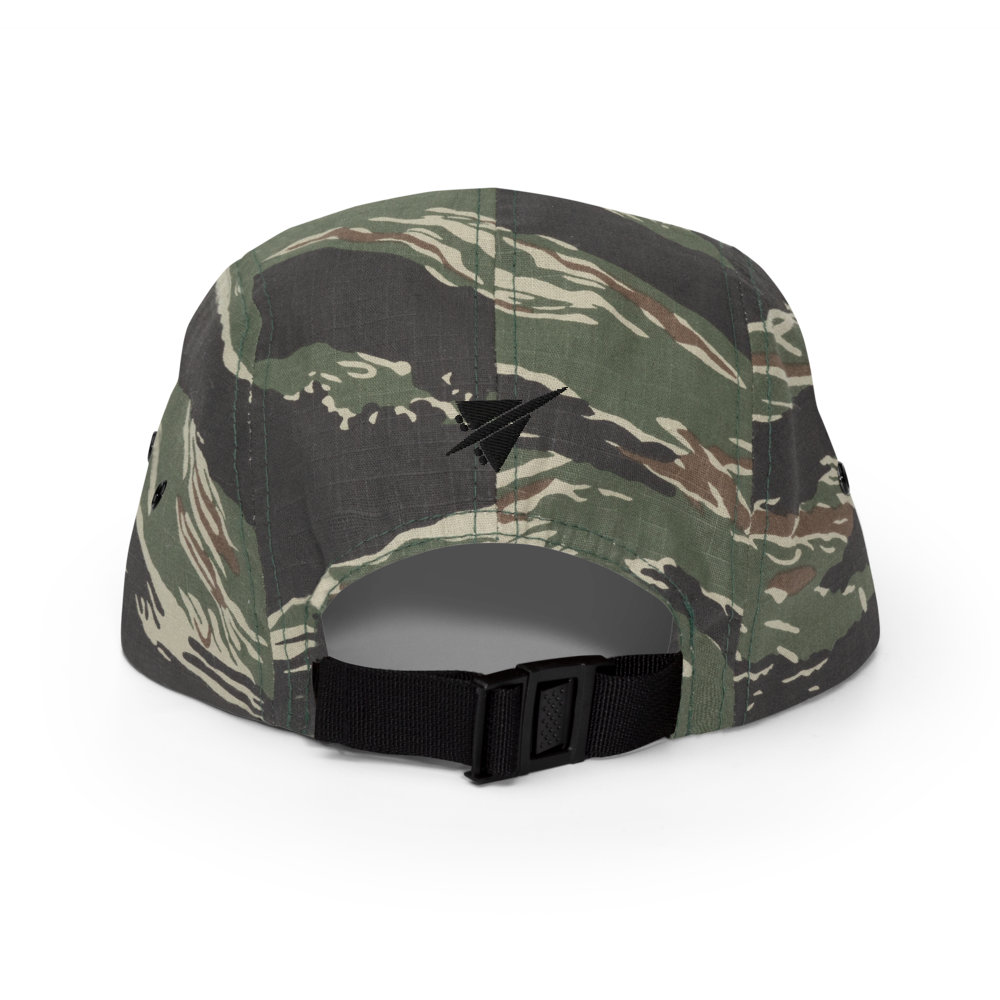 YHM Designs - YQB Quebec City 5-Panel Camper Hat with Airport Code - Travel Gifts for Him and Her - Roundel Design with Vintage Airplane - Green Tiger Camo 03